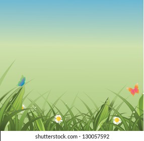 Grass and Butterflies Background. EPS 8 vector, grouped for easy editing. No open shapes or paths.
