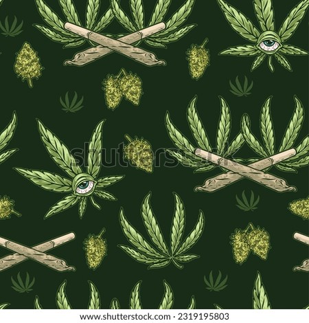 Grass cannabis colorful pattern seamless with hashish petals with smoker eye and cigarettes stuffed with narcotic tobacco vector illustration