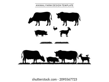 Grass, cattle, pig, goat, rooster. Set of livestock animals farm logo design template