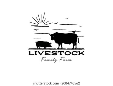 Grass, cattle, pig, rooster. Livestock logo design template illustration