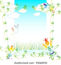 Grass, clouds and butterflies, there is a place for your text, vector illustration, eps10