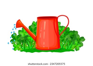 Grass, clover and watering can isolated on white background. Watering pot stand on grass bush. Seasonal garden equipment concept. Watering the young plants from watering can. Stock vector illustration