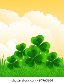 Grass and clovers on cloudy  orange  sky