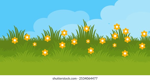 
Grass. Collection of grass vector illustrations in flat style. green leaf. Grass illustration isolated on white clouds and bright blue sky background.