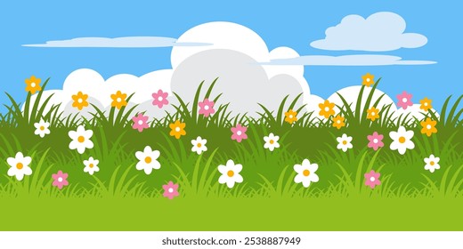 Hierba. Colección de Ilustraciones vectoriales de hierba en estilo plano. hoja verde. Ilustración de hierba, flores y cielo de nubes brillantes. verano