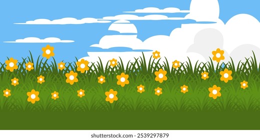 Grass. Collection of grass vector illustrations in flat style. green leaf. Illustration of grass, flowers and bright cloud sky. summer