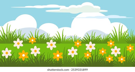 Grass. Collection of grass vector illustrations in flat style. green leaf. Illustration of grass, flowers and bright cloud sky. summer