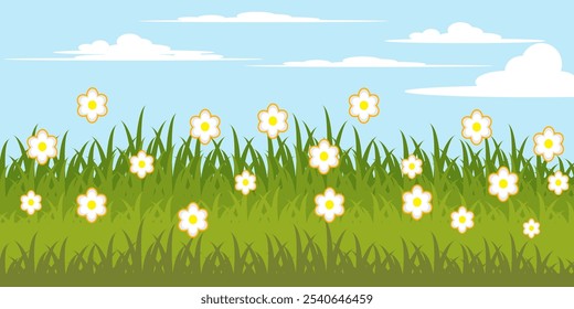 Hierba. Colección de Ilustraciones vectoriales de hierba en estilo plano. hoja verde. Ilustración de hierba, flores y cielo de nubes brillantes. verano