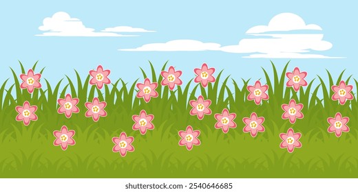 Grass. Collection of grass vector illustrations in flat style. green leaf. Illustration of grass, flowers and bright cloud sky. summer