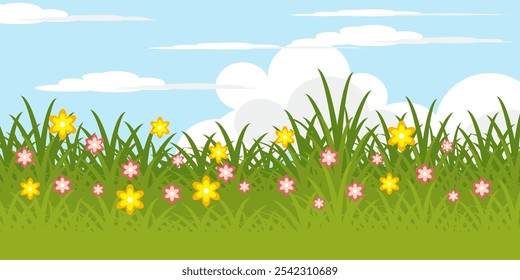 Grass. Collection of grass vector illustrations in flat style. green leaf. Illustration of grass, flowers and bright cloud sky. summer