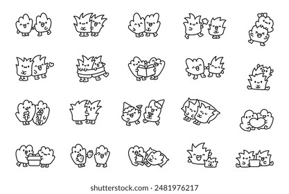 Grass couple best friends. Coloring Page. Funny cartoon characters. Hand drawn style. Vector drawing. Collection of design elements.