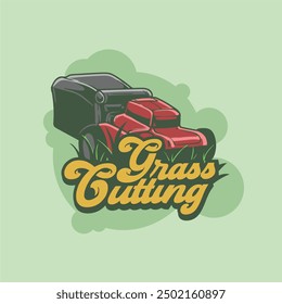 Grass Cutter Machine cartoon simple logo icon sign design concept. lawn mower and services illustration logo Vector illustration.
