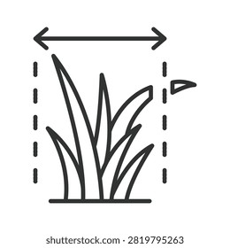 Grass cutting width measurement, icon in line design. grass cutting width, grass measurement, mowing width, lawn mower width on white background vector. Editable stroke icon.