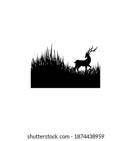 Grass and Deer Silhouette Illustration Black White Vector