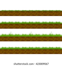 Grass dirt.  Grass ground.  Soil texture,  earth. Vector seamless illustration.  Grass roots. Green grass with in soil isolated.