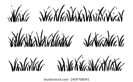 Grass doodle ink brush sketch set. Hand drawn vector grass field grunge texture brush background. Doodle herb, organic pattern elements. Vector illustration