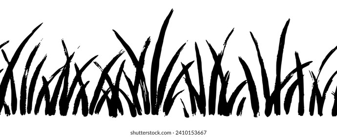 Grass doodle ink brush sketch seamless field border. Hand drawn vector grass field grunge texture brush background. Doodle herb, organic seamless pattern elements. Vector illustration