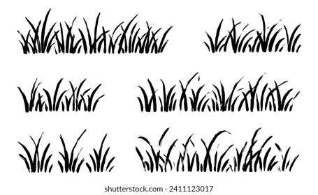 Grass doodle ink brush sketch set. Hand drawn vector grass field grunge texture brush background. Doodle herb, organic pattern elements. Vector illustration