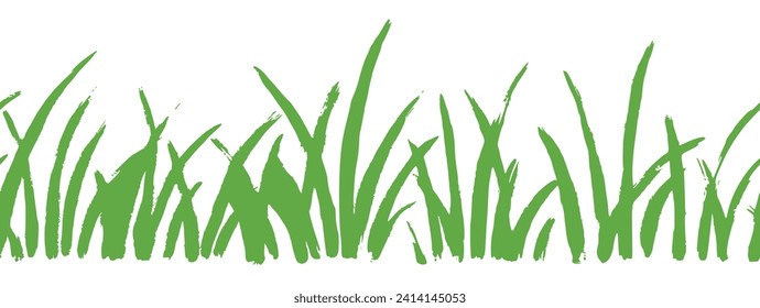 Grass doodle ink brush sketch seamless field border. Hand drawn vector grass field grunge texture brush background. Doodle herb, organic seamless pattern elements. Vector illustration