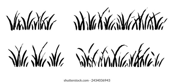 Grass doodle ink brush sketch set. Hand drawn vector grass field grunge texture brush background. Doodle herb, organic pattern elements. Vector illustration