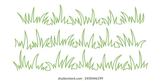 Grass doodle line icon, meadow sketch, bush hand draw, cartoon garden outline design, scribble field, small tuft lawn, green sprout border on white background. Nature simple vector illustration