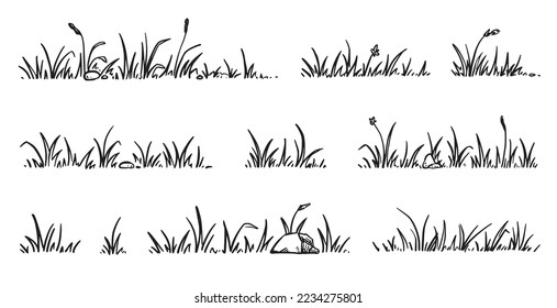 Grass doodle sketch style set. Hand drawn grass field outline scribble background. Sprout, flower, clover elements. Vector illustration.