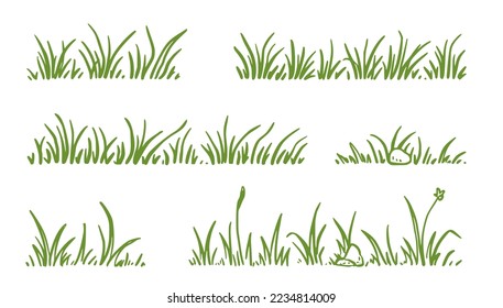 Ensemble de styles de croquis de gribouillis. Arrière-plan dessiné à la main, pelouse verte, silhouette sur fond grunge. Des ressorts, des fleurs, des éléments de trèfle. Illustration vectorielle.