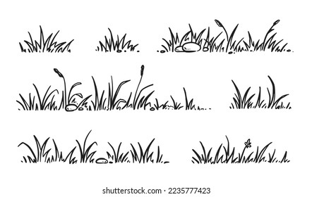 Grasdoodle-Skizze-Set. Handgezeichnetes Grasfeld, Skizze-Hintergrund. Sprout, Blume, Kleeblatt-Elemente. Vektorgrafik.