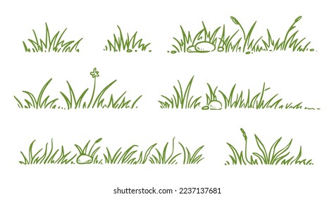Grass doodle sketch style set. Hand drawn green grass field outline scribble background. Sprout, flower, clover elements. Vector illustration.