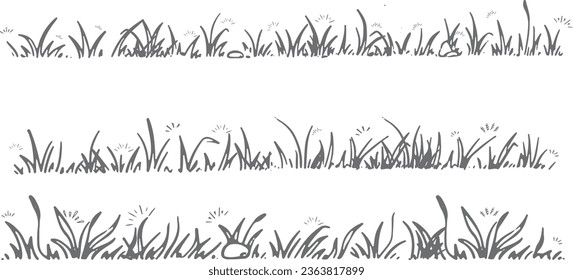 Grass doodle sketch style set. Hand drawn grass field doodle lines background. Sprout elements, grass line strokes. flowers, clover. Vector illustration.