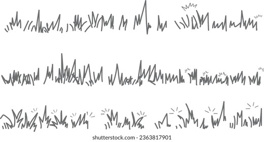 Grass doodle sketch style set. Hand drawn grass field doodle lines background. Sprout elements, grass line strokes. flowers, clover. Vector illustration.