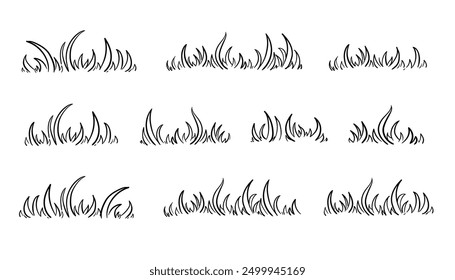 Grass doodle sketch vector illustration, hand drawn grass field landscape elements, nature background graphic element, bushes outline clip art isolated on white