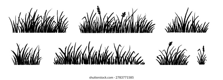 Grass doodle vector line set. Hand drawn grass sketch with meadow field lawn blade flower bush crayon chalk texture. Cute cartoon garden pattern scribble nature background. Vector illustration