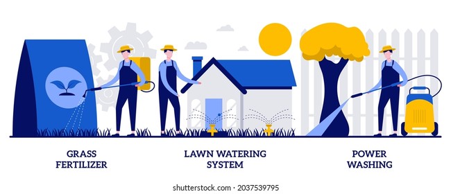 Grass fertilizer, lawn watering system, power washing concept with tiny people. Gardening services vector illustration set. Garden hose, soil nutrients, pop-up sprinkler, dust and mold metaphor.