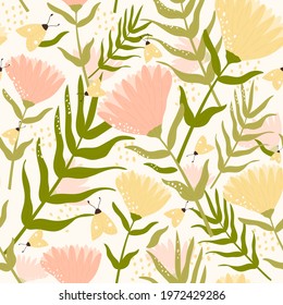 Grass field, abstract floral seamless pattern vector illustration. Wild natural herb in summer garden pastel graphic design, green leaves on branch, decorative ornamental cereal flora art background