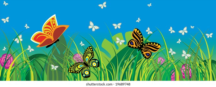 Grass a field butterflies in pairs fly above it. In a grass water-melons ripen. Summer in a heat