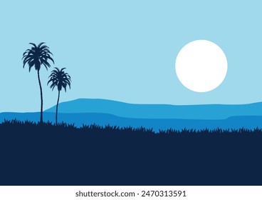 Grass field with coconut trees. Illustration in flat style.