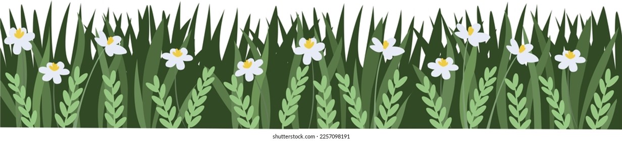 Campo de hierba con vector de flores. Pancarta de Meadow