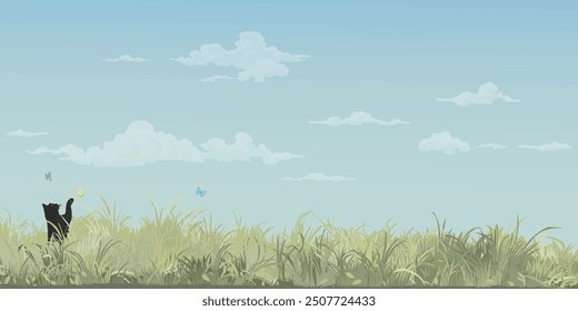 Grass field landscape with a black cat playing with butterfly and blue sky background graphic illustration have blank space.