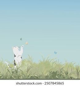 Grass field landscape with a cat playing with butterfly and blue sky square background graphic illustration have blank space.