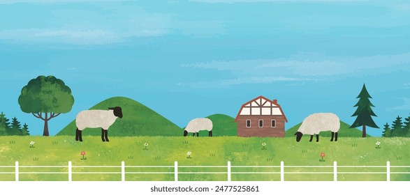 Grass field landscape of a sheep and farm watercolor