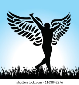 grass field and man with wings