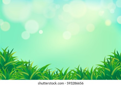 Grass field on sunny and bokeh background. Template of spring background for greeting card, banner and poster in vector illustration