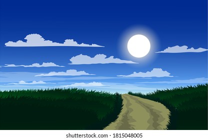 Grass field with pathway in sunny day