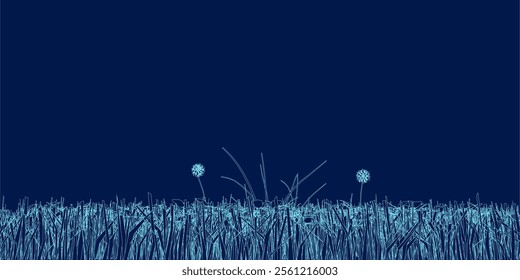 Grass field prairie vector illustration, wild meadow landscape drawing, grassy plains Field. Blue contour