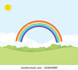 Grass Field With Rainbow On Background