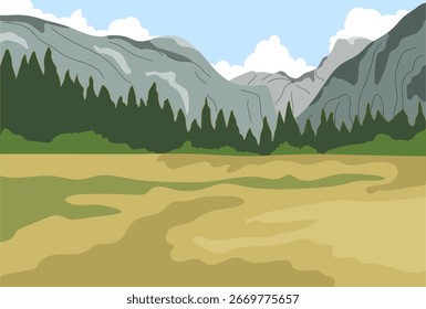 Grasfeld mit Felsberg hinter Illustration