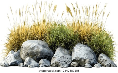 Grass field and rock scenery, Vector clipart, Long grass, Rock formations, Nature landscape, Rural scenery, Grass and rocks, Outdoor environment, Natural scenery, Vector landscape