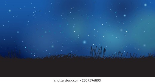 Grass field silhouette with night sky have a lot of stars background vector illustration. 