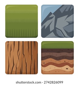 Grass field stripes, rugged rock face, tree bark panels and layered soil textures, seamless vector tiles for maps, games, infographics